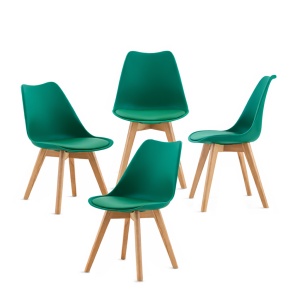 Set 4 Scaune Living/Bucatarie/Bar Kiwari® Riv, Sezut PP cu Pernuta PU, Picioare Lemn Fag, Inaltime Sezut 48 cm, Design Modern, Capacitate 120 kg, Verde