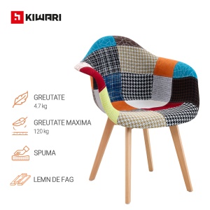 Set 4 Scaune Living/Bucatarie Kiwari® Milo Patchwork, Sezut Spuma, Picioare Lemn Fag, Inaltime Sezut 46 cm, Design Modern, Capacitate 120 kg, Multicolor - Img 4