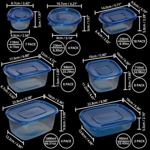 Set 51 caserole alimentare, FRESHLY CONTAINED, cu capace etanse, reutilizabile, diverse dimensiuni, din plastic, fara BPA, lavabile in masina de spalat vase, potrivite pentru cuptorul cu microunde si congelator, Albastru/Transparent - Img 3