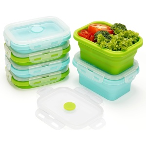 Set 6 caselore pliabile Kurtzy, din silicon alimentar, capac etans, 350 ml, rezistente la cuptor/microunde/congelator, Verde/Albastru