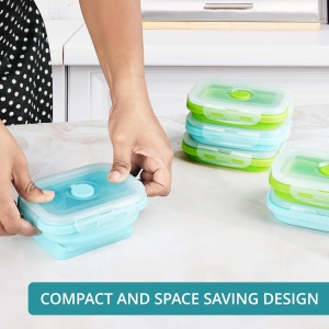 Set 6 caselore pliabile Kurtzy, din silicon alimentar, capac etans, 350 ml, rezistente la cuptor/microunde/congelator, Verde/Albastru - Img 5