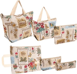 Set 6 genti de dama, Belle Vous, din bumbac, cu fermoar, potivite pentru calatorii, imprimeu, Maro