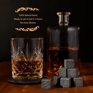 Set 9 pietre pentru whisky GOURMEO, din bazalt natural, reutilizabile, cleste din inox si saculet pentru depozitare, Gri - Img 6