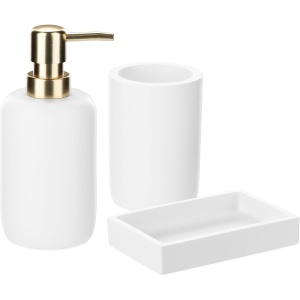 Set accesorii baie Navaris, 3 piese, dispenser sapun lichid 305 ml, suport periute dinti si sapuniera, din polirasina, Alb - Img 2