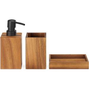 Set accesorii baie Navaris, 3 piese, dispenser sapun lichid, suport periute dinti si sapuniera, din lemn de acacia, rezistent la umezeala, Maro inchis - Img 2