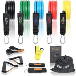 Set antrenament extensor cu 11 accesorii, high pulse, benzi de rezistenta pentru antrenament de forta, antrenamente la domiciliu si yoga