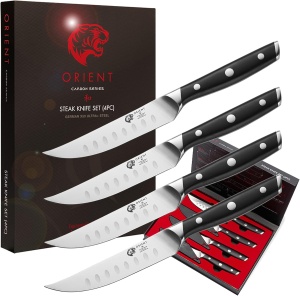Set cutite pentru friptura Orient, Origin Series, 4 piese, fara zimtare, 13 cm, din otel inoxidabil german X50 Ultra +, negru