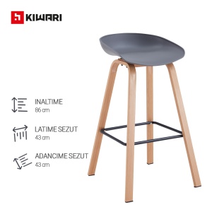 Set de 2 Scaune de Bar/Bucatarie Kiwari® Nok, Sezut PP, Picioare Metalice cu Aspect Lemn, Stil Modern Bucatarie/Dining, Inaltime 72 cm, Capacitate 120 kg, Gri - Img 3