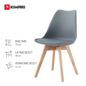 Set de 4 Scaune de Dining/Living Kiwari® Riv, Sezut PP cu Pernuta PU, Picioare Lemn Fag, Design Modern, Inaltime Sezut 48 cm, Capacitate 120 kg, Gri - Img 9