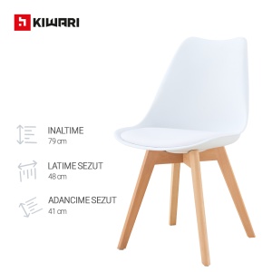 Set de 4 Scaune Kiwari® Kit, Sezut cu Pernuta PU, Picioare Lemn Fag, Design Modern Dining/Living, Inaltime Sezut 48 cm, Capacitate 120 kg, Alb - Img 5