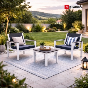 Set Mobilier Gradina Kiwari®, Masa 52x48x39 cm + 2 Scaune 62.5x64x78 cm, Plastic cu Cadru Metalic, Perne Incluse, Gri/Alb - Img 2