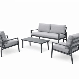 Set Mobilier Gradina Marbella Kiwari® 4 locuri, masa 90 x 50 x 40 cm, fotolii 70 x 73 x 75 cm canapea 130 x 73 x 75 cm, cadru metal, sticla 5 mm, perne detasabile 11 cm, Gri - Img 3