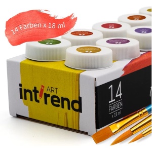 Set pictura Intrend, 14 culori vopsea acrilica impermeabila,18 ml, 2 pensule rotunde, o pensula plata, vopsea pentru hartie, lemn, argila, piatra - Img 4