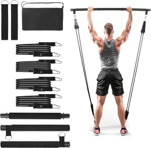 Set Pilates cu Bara si 4 Benzi de Rezistenta, Belle Vous, Curele pentru Picioare, Husa Transport, Negru