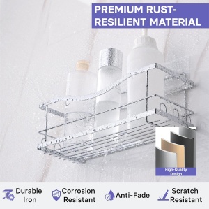 Set rafturi baie KincMax pentru dus, montaj fara gaurire, metal rezistent, 2 rafturi cu carlige, organizator perete, Argintiu - Img 4