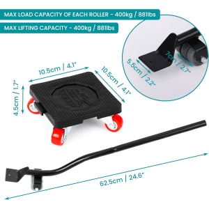 Set role transport mobilier Belle Vous, 4 platforme cu 16 roti 360°, levier ridicare, sarcina maxima de incarcare 400 kg, ABS + TPE, pentru mutare masina de spalat, frigider, canapea, Negru/Rosu - Img 2