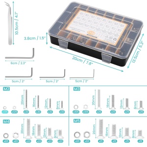 Set suruburi si piulite Belle Vous, 1120 piese, cap plat hexagonal, otel inoxidabil 201, M2–M5, 8–20 mm, cu saibe, chei imbus, cutie organizare, Negru - Img 4