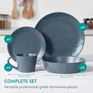 Set vesela din Ceramica Premium 16 piese, Navaris, pentru 4 persoane, design texturat, modern, compatibil cu masina de spalat si cuptor cu microunde, 2 tipuri de farfurii, boluri si cani, Albastru Fumuriu - Img 5