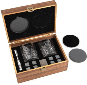 Set Whisky Premium Gourmeo, cu 2 Pahare cristal, 8 Cuburi din Granit Natural si Cleste, 2 suporturi pentru pahar, Cadouri Barbati, Accesorii Bar