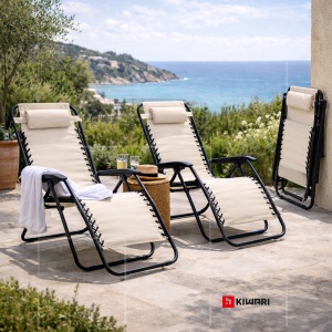 Sezlong Pliabil Kiwari® Beach, 165 x 65 x 113 cm, Gravitatie Zero, Cadru Metalic cu Textil, cu Tetiera, Portabil, Relaxare Plaja/Piscina/Terasa/Balcon, Bej - Img 2