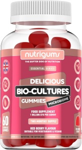 Supliment alimentar Bio-Cultures Microbiome Gummies, Nutrigums, 12 probiotice multi-tulpini 1 miliard CFU, Acidophilus si Bifidobacterium, sprijina sanatatea intestinala, vegan, aroma de capsuni, 60 de jeleuri