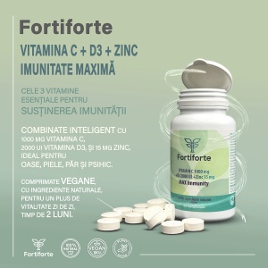 Supliment alimentar VITAMIN C 1000 mg + D3 2000 UI + Zinc 15 mg MAX Immunity, Fortiforte, 60 comprimate - Img 2