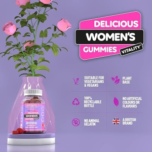 Supliment alimentar Women's Vitality Gummies, Nutrigums, Multivitamine, Probiotice, 19 nutrienti activi, pentru intestin, oase, energie, par, piele, vedere si imunitate, pentru femei, vegan, aroma de fructe de padure, 60 de jeleuri - Img 5