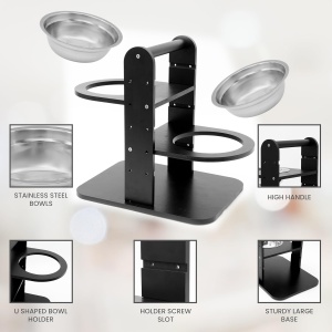 Suport cu 2 boluri pentru hrana si apa Belle Vous, reglabil pe inaltime 10-33.5 cm, bambus, 41 x 40 x 30 cm, 2 boluri inox 1 L, negru - Img 2