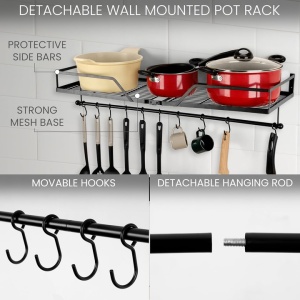 Suport Metalic Suspendat 3 in 1, Belle Vous, pentru ustensile de bucatarie, oale si capace, 80 x 30 x 8 cm, 10 carlige, Negru - Img 3