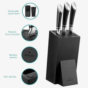 Suport pentru cutite Navaris, 25 x 15 x 10.5 cm, din bambus, perii din plastic detasabili, antiderapant, universal, Negru - Img 4