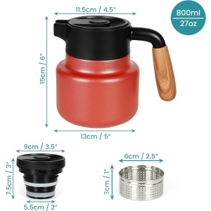 Termos tip Carafa Belle Vous, cu maner si infuzor pentru ceai, 800 ml, 13 x 15 cm, pentru bauturi calde/reci, izolatie cu perete dublu, Otel, Rosu - Img 6