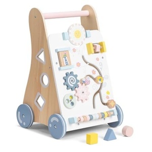 Antepremergator educational si interactiv Navaris, din lemn de pin, 50 x 32.5 x 31 cm, joc de potrivire a formelor, labirint, abac, jocuri interactive, roti de cauciuc, Bej/Multicolor