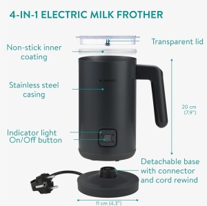 Aparat pentru spumarea laptelui Navaris, incalzitor si spumator electric, 500 W, capacitate 300 ml, 5 moduri spuma/incalzire, interior antiaderent, oprire automata, baza detasabila, Negru - Img 6