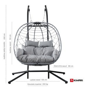 Balansoar suspendat dublu tip cuib Kiwari® Duo, cuib 68 x 126 x 114 cm, suport metalic 200 cm cu baza stabila cu patru picioare, plastic rezistent, leagan relaxare pentru casa/gradina/terasa/balcon, Gri - Img 3