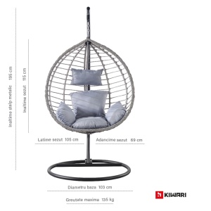 Balansoar suspendat tip cuib Kiwari® Cosy, cuib 68 x 105 x 115 cm, suport metalic 195 cm cu baza rotunda diametru 103 cm, plastic rezistent, leagan relaxare pentru casa/gradina/terasa/balcon, Negru - Img 6