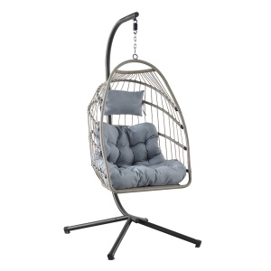 Balansoar suspendat tip cuib Kiwari® Zen, cuib 60 x 80 x 116 cm, suport metalic 200 cm cu baza stabila cu patru picioare, plastic rezistent, leagan relaxare pentru casa/gradina/terasa/balcon, Negru