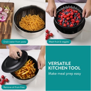 Bol multifunctional Navaris cu centrifuga pentru salata, 5 discuri interschimbabile pentru feliere si razuire, sita inclusa, inox, baza antiderapanta, Argintiu - Img 2