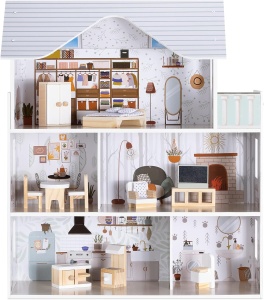 Casa de papusi din lemn Navaris, cu 3 etaje, cu mobilier si accesorii, 5 camere si balcon, 69.5x62x27 cm - Img 2