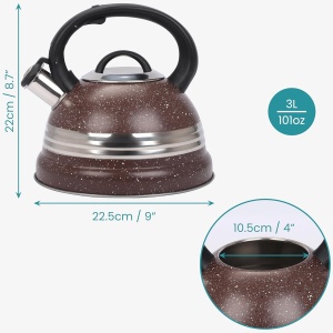 Ceainic fluierator, Belle Vous, din otel inoxidabil, 3 L, maner rezistent la caldura, 22.5 x 22 cm, compatibil cu toate tipurile de plita, Maro/Argintiu - Img 6
