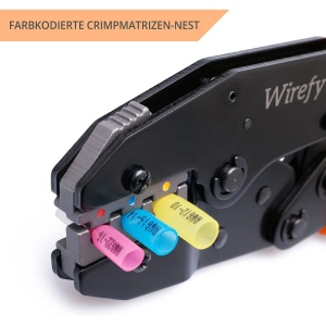 Cleste sertizare Wirefy pentru conectori cu tub termocontractabil, mecanism clichet auto-reglabil, reglaj puci si conectresiune, pentru papori electrici 0.5-6 mm², Negru/Portocaliu - Img 2
