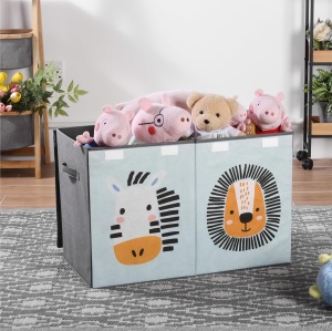 Cutie depozitare jucarii Navaris, 2 compartimente, cu capac, 62 x 33 x 40 cm, design Zebra si Leu, pliabila, Multicolor - Img 6