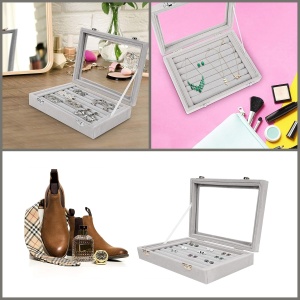 Cutie organizatoare pentru bijuterii Kurtzy, 7 compartimente pentru inele, capac din sticla, interior catifea, inchidere cu capse metalice, 20 x 15 x 4.7 cm, Gri - Img 2
