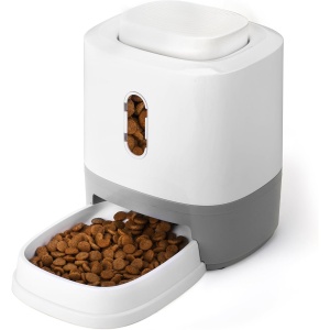 Dozator Automat Hrana Caini si Pisici Belle Vous, 500 ml, Recipient Detasabil, Sistem Apasare Buton, Slow Feeding, din Plastic, 17 x 21 cm, Alb/Gri
