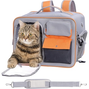 Geanta transport pentru animale de companie Navaris, pliabila, cu curea de umar, deschidere pe 3 parti, 40 x 30 x 25 cm, Gri/Portocaliu