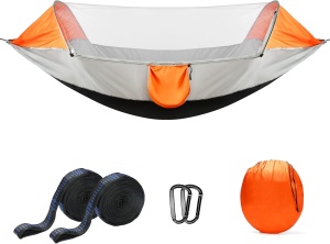 Hamac de camping, Belle Vous, cu plasa anti-tantari, material 210T Nylon, 250x80 cm, portabil, buzunar lateral depozitare, chingii de prindere si carabiniere, Gri/Portocaliu