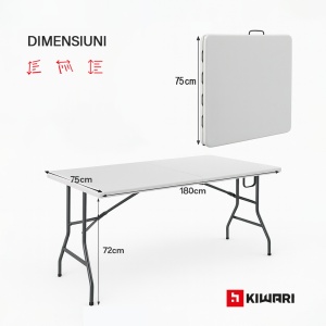 Masa plianta Kiwari® Event, 180x75 cm, pentru gradina, terasa, evenimente, HDPE ultra-rezistent, cadru metalic ranforsat, sistem pliere rapida, Alb - Img 4