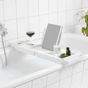 Masuta extensibila pentru cada Navaris, din bambus, 75–108 cm, masuta de servire la pat, cu suport pentru carte, tableta si pahar, Alb - Img 3