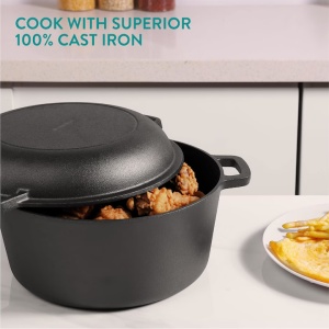 Oala cuptor olandez cu capac Navaris din fonta, 4.7 l, 2in1, pentru cuptor, plita, gaz, electric, cu inductie, 32 cm - Img 6