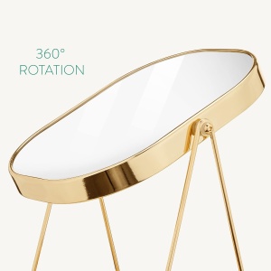 Oglinda cosmetica Navaris, rotativa 360°, ovala, cu baza metalica si tava pentru bijuterii, 18 x 28 cm, Auriu - Img 3