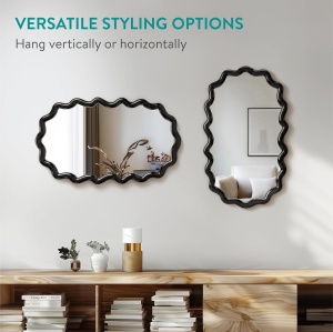 Oglinda decorativa de perete Navaris, asimetrica, rama lemn, montaj vertical/orizontal, pentru baie, dormitor si living, 50 x 30 cm, Negru - Img 7